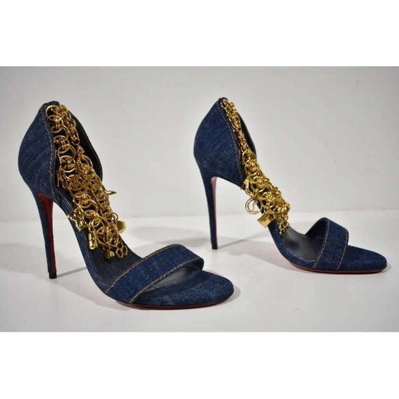 Christian Louboutin Gourmi Sandal 100 Denim Gold Charm Ankle Strap Heel Pump 38 - Picture 4 of 12